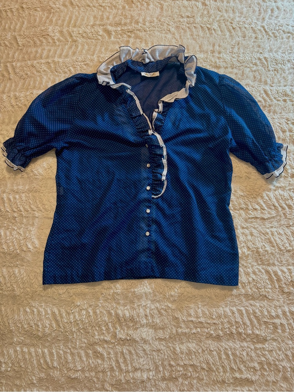 VTG 70s Rhoda Lee Navy Polka Dot Ruffle Secretary Blouse Mod Coquette M